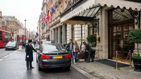 Doorman greeting guests beside a car outside a London hotel