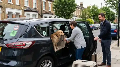 Driver helping a dog into the back of a taxi, with the owner beside the car