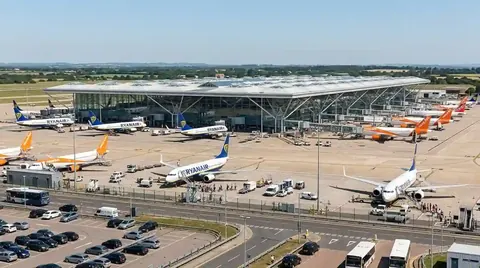 Stansted Airport terminal with aircraft on the apron